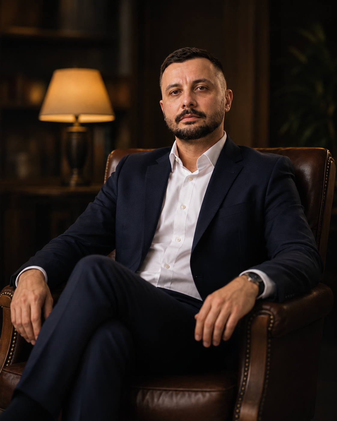 Allan Aguiar sentado em poltrona de couro, terno azul-marinho, em ambiente institucional